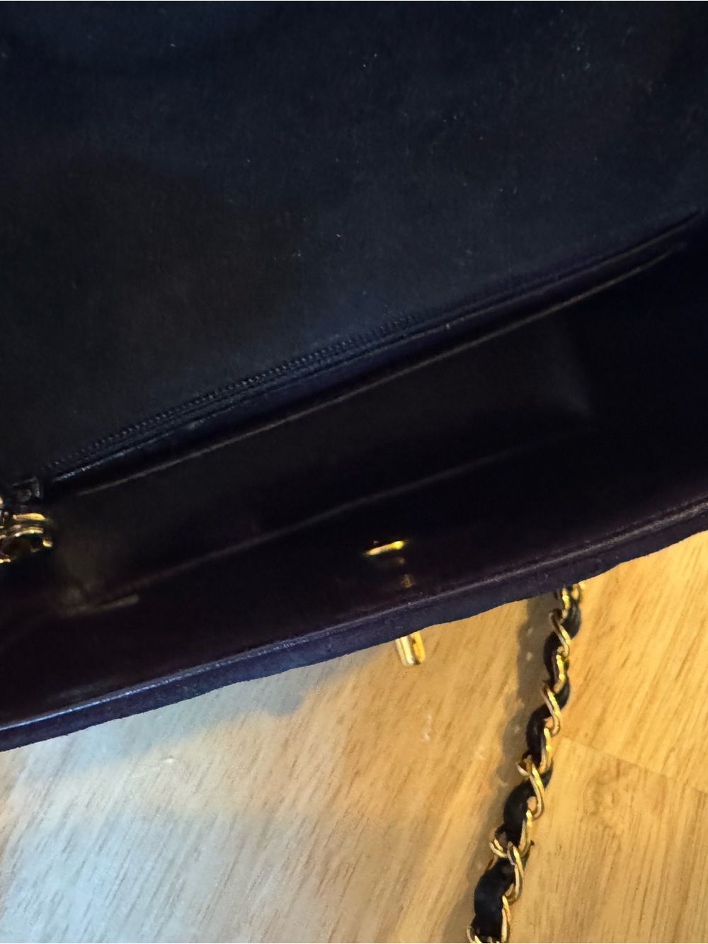 CHANEL Black Quilted Suede Crossbody with Gold Chain - Picture 10 of 16